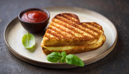 Tasty heart-shaped grilled cheese sandwich on ceramic plate with tomato ketchup and basil.