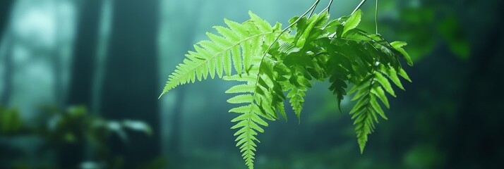 Poster - A captivating image of a vibrant green fern hanging amidst a serene forest setting symbolizing tranquility, nature, freshness, life, and serenity.