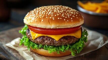 Sticker - A classic cheeseburger with a juicy patty, melted cheese, fresh lettuce, and a ripe tomato. The burger is served on a sesame seed bun and is perfect for any burger lover.