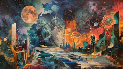 Wall Mural - Abstract Cityscape with Moon and Stars.