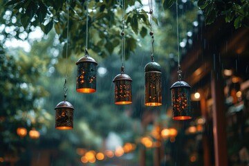Wall Mural - Lanterns hanging from tree branches illuminating rainy evening in garden