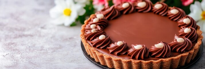 A close-up shot of a beautifully decorated chocolate tart with whipped cream and chocolate drizzle, a perfect dessert for any occasion. The tart is set against a rustic background of white flowers, sy