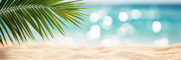 Poster - A close-up shot of a vibrant green palm frond gracefully arching over a pristine sandy beach. The blurred background evokes the tranquility of the ocean, symbolizing relaxation, escape, and the beauty