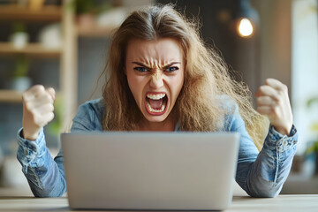 Canvas Print - Angry woman getting mad in front of a laptop. Woman receiving bad news, making a mistake