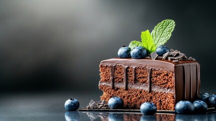 A delectable slice of chocolate cake featuring rich layers, adorned with juicy blueberries and fresh mint, perfect for dessert lovers and food photography.