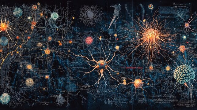 Create a hyper detailed, blueprint style depiction of neurons