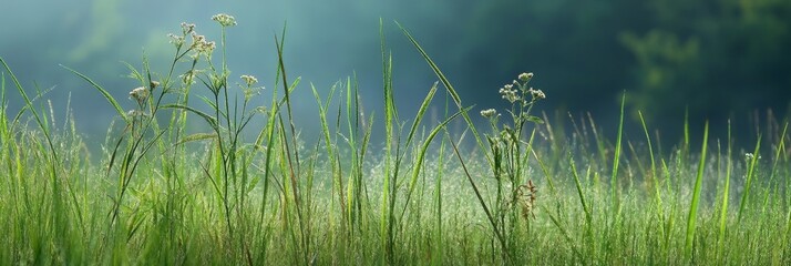 Canvas Print - A fresh summer morning scene depicting tall grass and wildflowers adorned with glistening dew, symbolizing tranquility, nature, renewal, beauty, and peace.