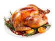© Alice - A perfectly roasted whole turkey, golden and crispy, garnished with fresh rosemary, citrus fruits, and cranberries, presented on a white platter, ready for a festive meal