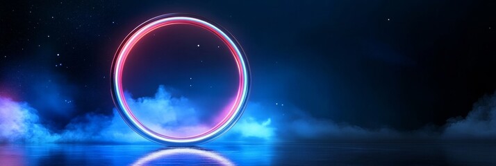 Poster - A futuristic and vibrant image featuring a glowing neon ring with blue smoke and stars. This image represents the excitement and anticipation of Black Friday sales.