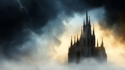 Sticker - A Gothic cathedral with towering spires stands majestically against a stormy sky. The dark clouds and lightning bolts symbolize the power of nature, while the cathedral represents faith and resilience