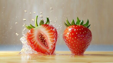 Two Strawberries Splashing into Water