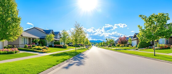 a peaceful suburban street lined with trees and houses, basking in bright sunlight under a clear blu