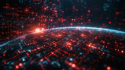 Poster - A striking holographic globe displays luminous data patterns over a dark, digital landscape, highlighting global connectivity and technology.