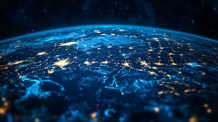 Poster - A vibrant holographic display reveals the Earth with illuminated cityscapes and interconnected networks viewed from space during nighttime.