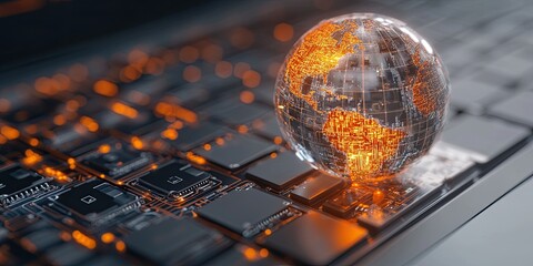 3D rendering of a tiny planet Earth made from a circuit board on top of a laptop keyboard, close-up, with an orange and gray color palette, blurred background Generative AI