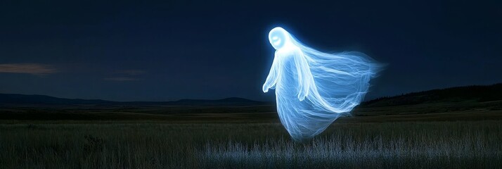 Sticker - A luminous blue female ghost floats in a field at night, her form ethereal and translucent. The ghost is a symbol of mystery, the afterlife, and the spiritual realm. This image is perfect for Hallowee