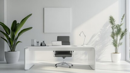 Wall Mural - A white office with a desk and a potted plant