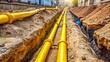 © Man888 - Yellow plastic pipe exposed in trench, surrounded by dirt and utility markers, illustrates a residential gas line installation or repair process in progress.