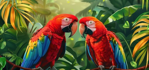 Canvas Print - Two Colorful Macaws in a Lush Rainforest Setting