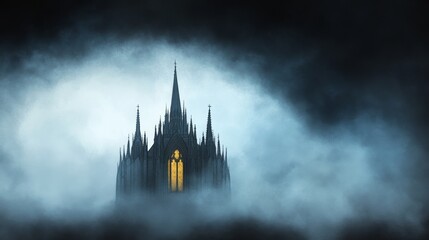 Sticker - A majestic gothic cathedral with towering spires pierces through a stormy sky, shrouded in mist, symbolizing faith, power, history, mystery, and the passage of time.