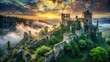 © Man888 - Abandoned ancient castle ruins surrounded by overgrown vegetation and shrouded in mist, with crumbling stone walls and towers looming in the eerie twilight atmosphere.