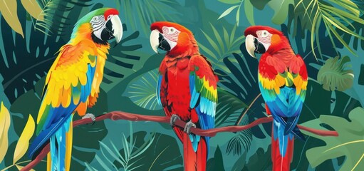 Canvas Print - Three Colorful Parrots on a Branch in a Tropical Rainforest