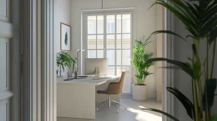 Wall Mural - A white office with a desk and a potted plant