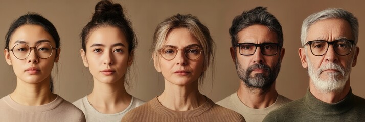 Poster - Five people of different ages and backgrounds wearing glasses stand closely together, each displaying unique expressions and styles against a neutral background. Generative AI