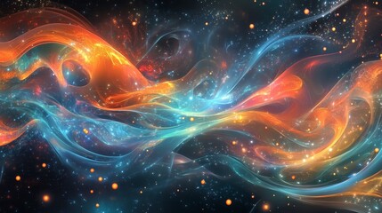 Canvas Print - A mesmerizing digital artwork depicting a dynamic interplay of swirling, luminous streams of light against a dark, starry background. The colors evoke a sense of energy and motion, while the abstract 