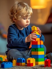 Aufkleber - kid building a tall tower of toy bricks looking focused : Generative AI