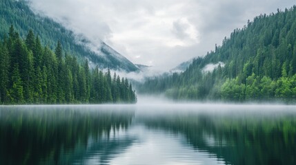 Naklejka na meble Misty Lake Surrounded by Dense Evergreen Forest