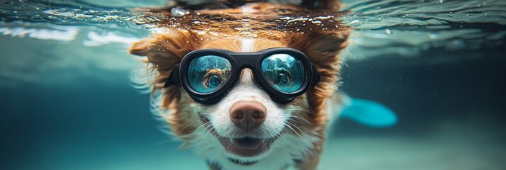 A playful dog wearing goggles is swimming underwater.  The dog's expression is happy and carefree, symbolizing fun, adventure, and joy.  The water is clear and blue, representing a refreshing and exhi