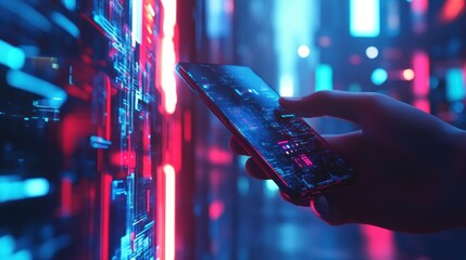 Poster - Hand Holding Smartphone with Glowing Screen Against Neon Lights
