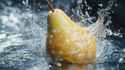 Poster - A Pear Splashing Into a Pool of Water