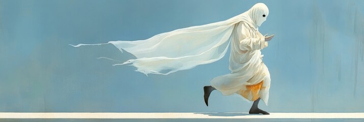 Canvas Print - A solitary figure cloaked in white robes, their face obscured, walks with a sense of urgency, their garments billowing in the wind. This image symbolizes mystery, movement, spirituality, the ephemeral