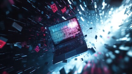Poster - A Laptop Screen Showing Code with Neon Lights and Falling Pixels