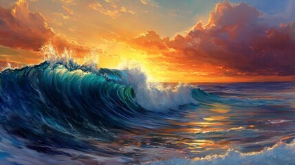 Canvas Print - A stunning capture of powerful ocean waves under a vibrant sunset, symbolizing beauty, tranquility, adventure, nature, and serenity.