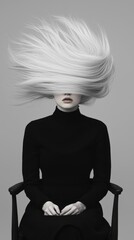 A surreal portrait of a person with flowing white hair against a minimalist backdrop