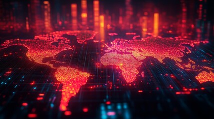 Poster - The digital artwork showcases a holographic map of the world, highlighting global wealth with glowing red and orange data points.