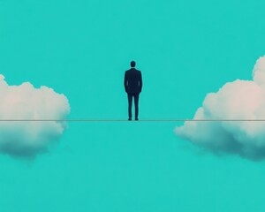 Wall Mural - a person standing on a tightrope, balancing between dark clouds of stigma and a distant bright horiz