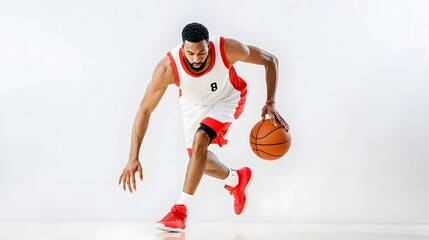 Wall Mural - A basketball player dribbles the ball in a studio setting.