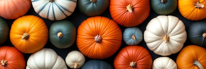 Canvas Print - A vibrant collection of pumpkins in various shapes, sizes, and colors, perfect for fall decorations and Thanksgiving celebrations. They symbolize autumn, harvest, abundance, and festivity.