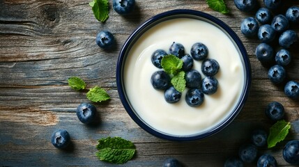 Wall Mural - Delicious Vanilla Yogurt with Fresh Blueberries Flat Lay Top View for Healthy Eating Concept