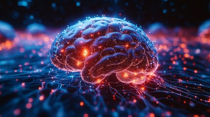 Poster - The holographic brain displays intricate neural connections, illuminated in vibrant colors, against a mesmerizing dark backdrop.