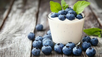 Wall Mural - Delicious Vanilla Yogurt Bowl with Fresh Blueberries on Flat Lay Top View Background