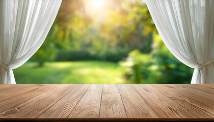 Wall Mural - Empty wooden table tranquil scene of a wooden table bathed in sunlight, framed by white curtains and overlooking a lush green garden background 