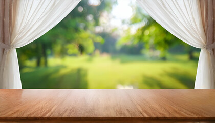 Wall Mural - Empty wooden table mockup peaceful image of a wooden table, set against a backdrop of white curtains and a vibrant green garden background 