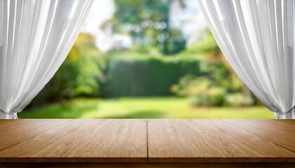 Empty wooden table tranquil scene of a wooden table bathed in sunlight, framed by white curtains and overlooking a lush green garden background 