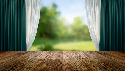 Wall Mural - Empty wooden table mockup peaceful image of a wooden table, set against a backdrop of white curtains and a vibrant green garden background 