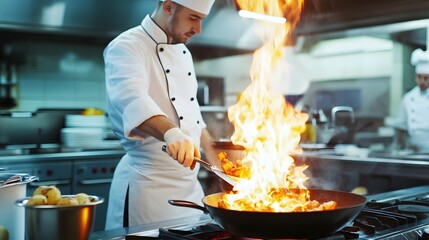 Wall Mural - A male chef flambes a dish in a commercial kitchen.